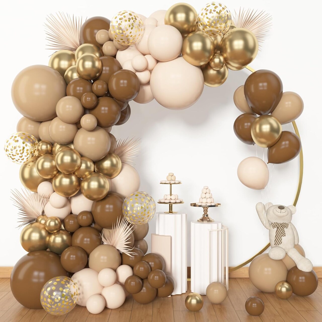 153pcs Brown Balloon Garland Arch Kit, Different Sizes 18 12 10 5 inch Brown Nude Latex Metallic Confetti Gold Balloons for Neutral Bear Baby Shower Safari Birthday Party Decorations Supplies